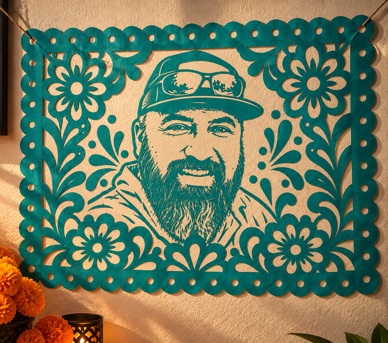 Teal papel picado created from the original photo